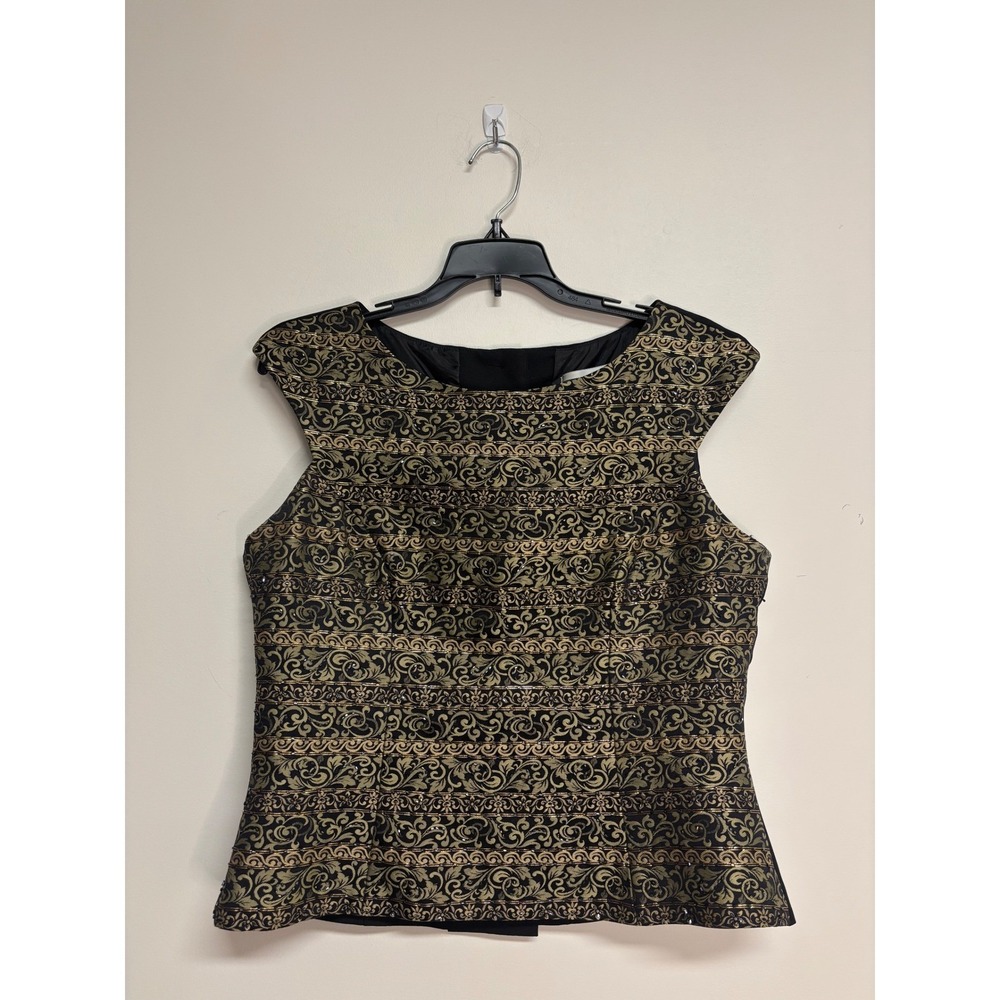Jessica Howard Striped Collar Black and Gold Beaded Button Up Top, Women's Sz 10